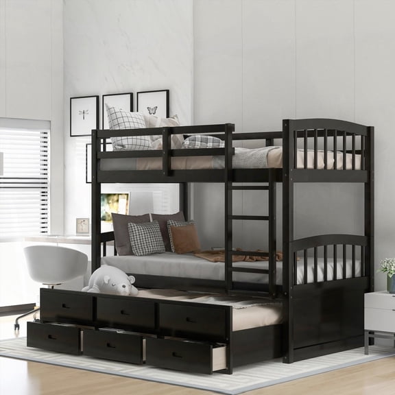 Twin over Twin Wood Bunk Bed in Espresso, Gently Arched Details