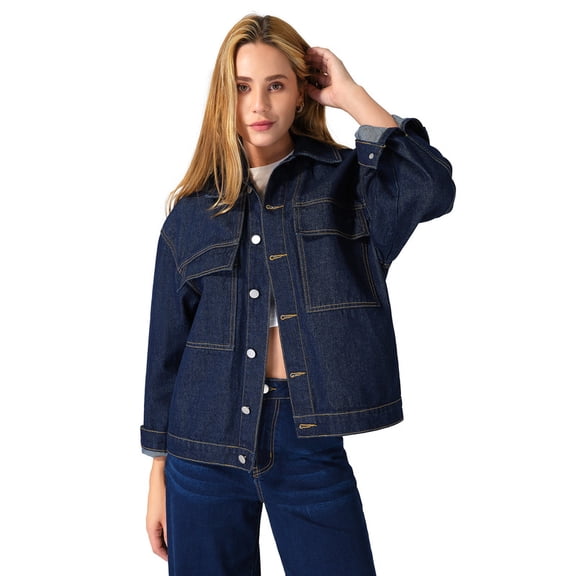 roswear Denim Jacket Coat for Women with Flap Chest Pockets Casual Oversized, Size 8-18