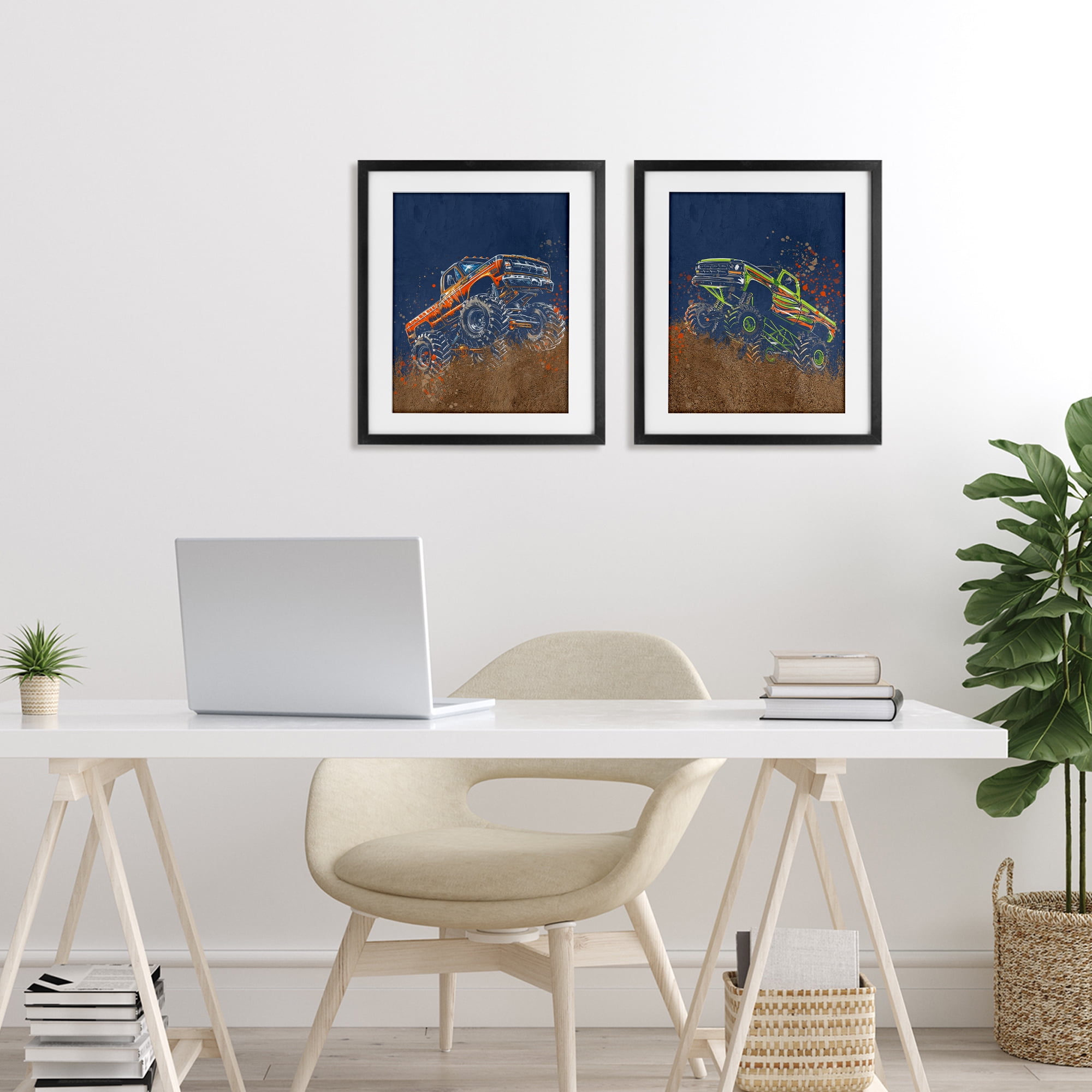 Monster Truck Jam 2 Piece Black Framed Print Under Glass Set, design by Kim Allen