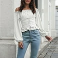 thumbnail image 2 of Blusa de manga larga con hombros descubiertos para mujer, blusa fruncida con cordones en la parte delantera de color puro para citas, color blanco M, 2 of 6