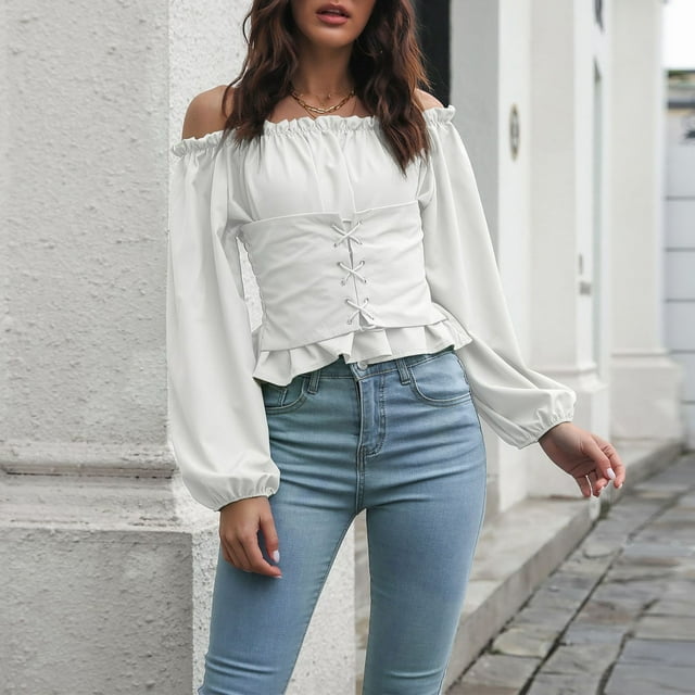 Off Shoulder Tops,Women Off Shoulder Long Pure Color Shirt Lace Up Blouse True Excellence