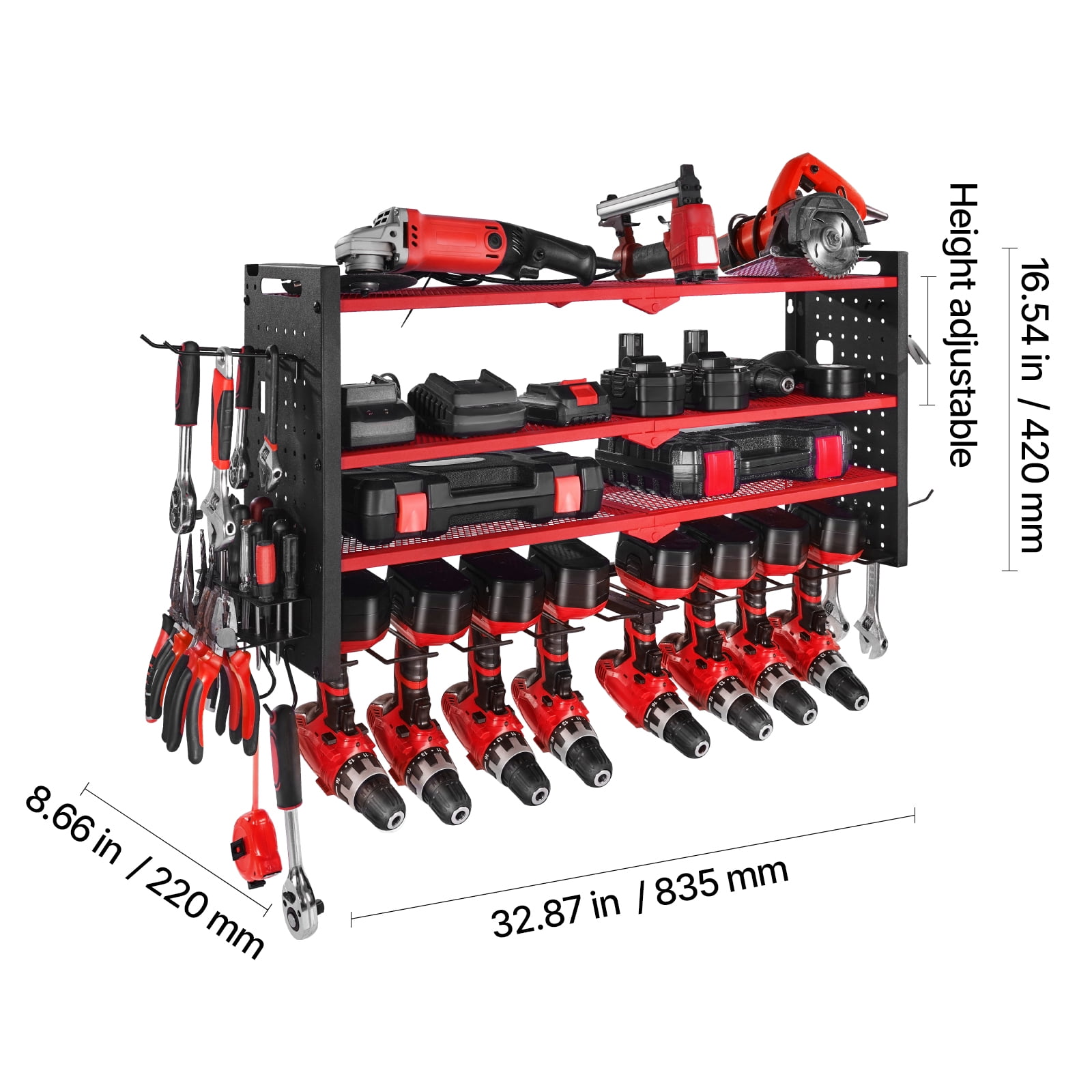 VEVOR Power Tool Organizer Wall Mount, 4-Layer Storage Rack with 8 Drill Holders, Tools Holder and Storage Rack with Side Pegboards, Garage Tool Organizer for Garage, Workbench, and Workshop