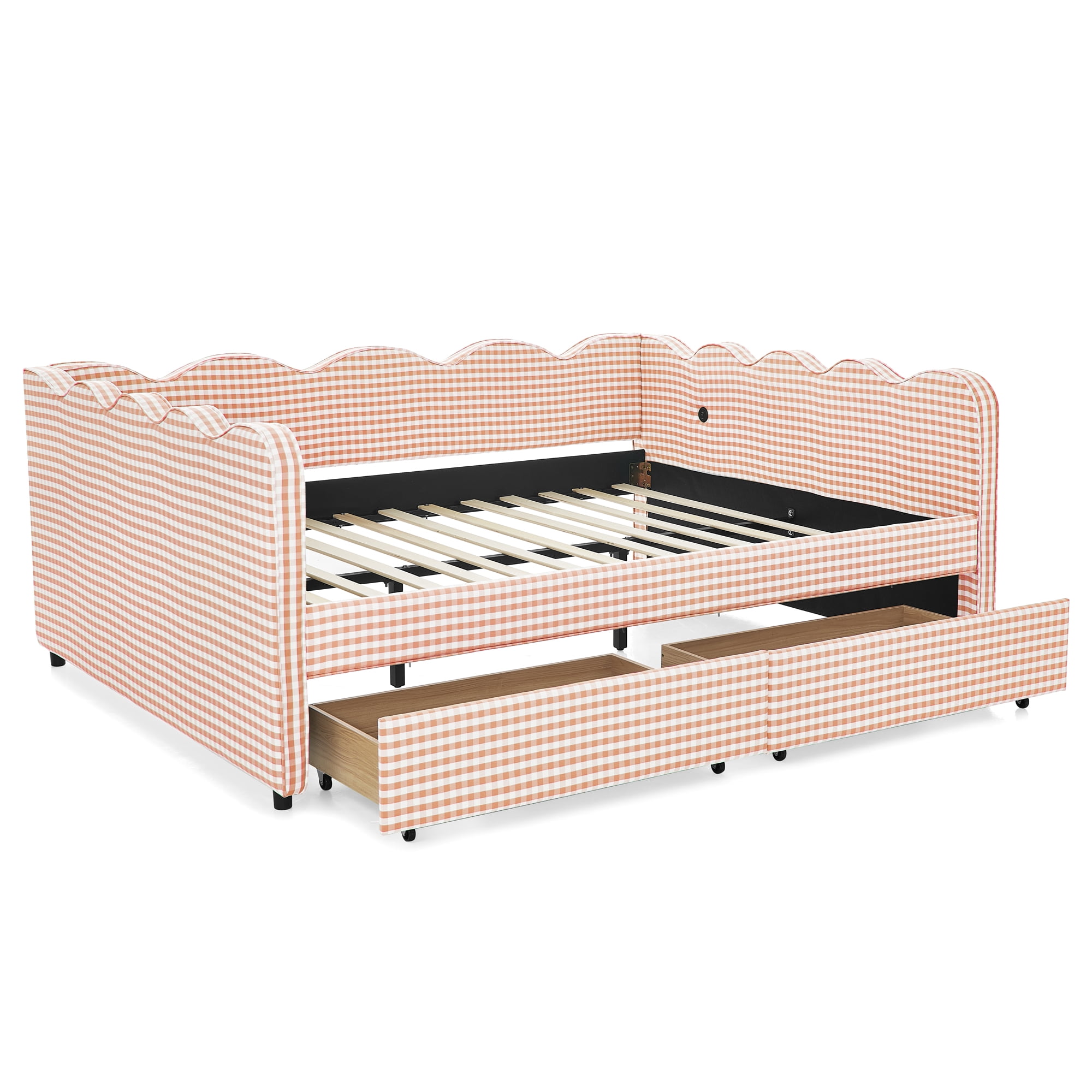 Queen Size Daybed with Storage Drawers and USB Port, Upholstered Linen Sofa Bed Frame with Wave Design, Modern Guest Bed for Bedroom Living Room, Pink