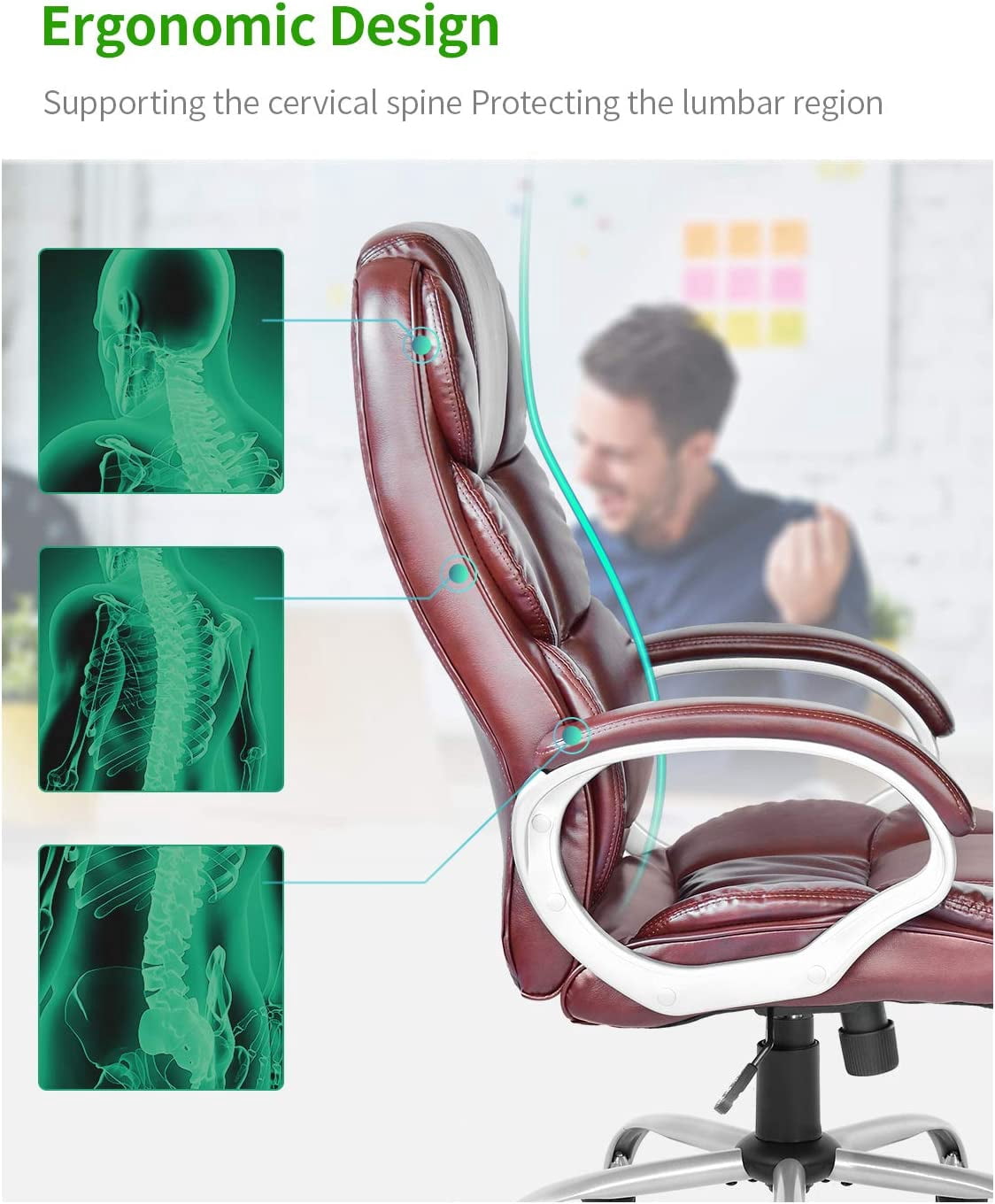 NiamVelo Ergonomic Office Chair PU Leather Executive Chair Computer Desk Chairs with Lumbar Support, High Back Adjustable Rolling Swivel Task Chairs for Adults, Brown