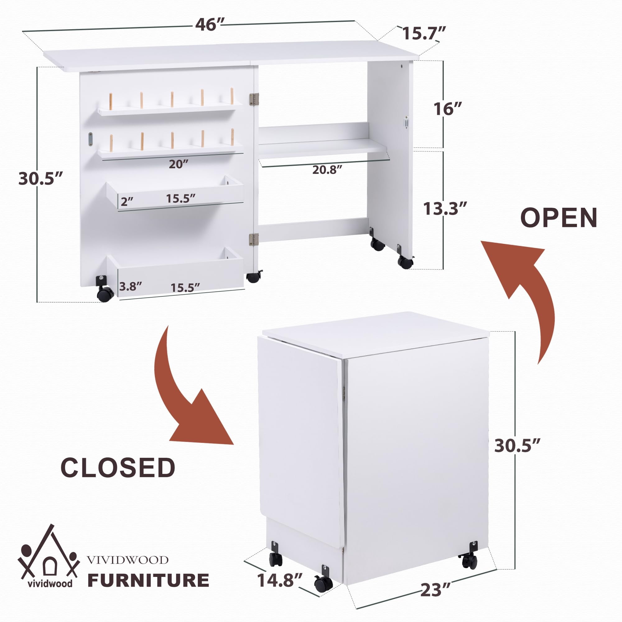 Vividwood Folding Sewing Table, Multipurpose Sewing Machine Table with Compact Design, Wheels, Shelves, Bins, Pegs, Magnetic Locks (White)