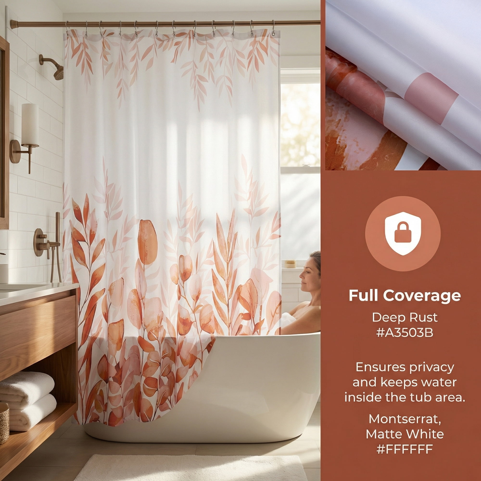 Unique Bargains Floral Print Sets, Waterproof Bath Curtain Brown 71"W x 71"L