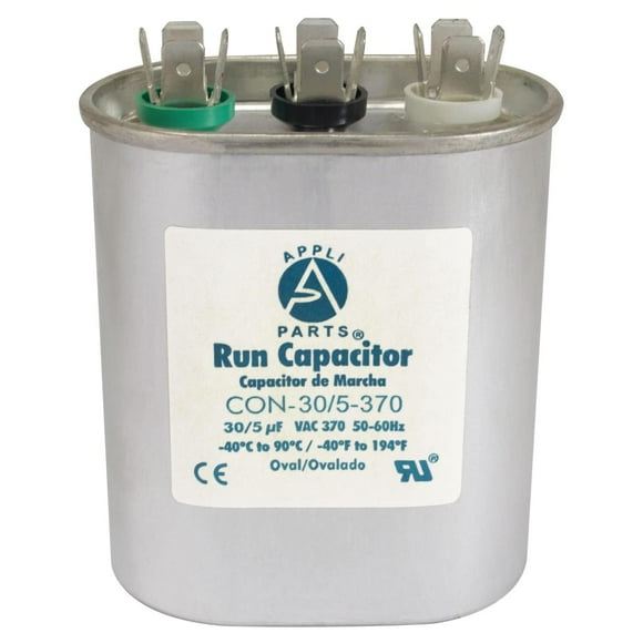Appli Parts Dual Run Capacitor for ac 30+5 Mfd uF (microfarads) 370VAC CBB65 Oval Universal fit for hvac and other applications 1-3/4 in. Wide 2-3/4 in. Depth 3-1/2 in. Height CON-30/5-370