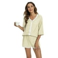 thumbnail image 3 of Baywell Women's Button Down Pajamas Set 3/4 Sleeve Tops Shorts V Neck Sleepwear Soft Silk Satin Pjs Loungewear Set Contrast Color Lounge Pjs Shorts Set with Pockets S-XXL, 3 of 6