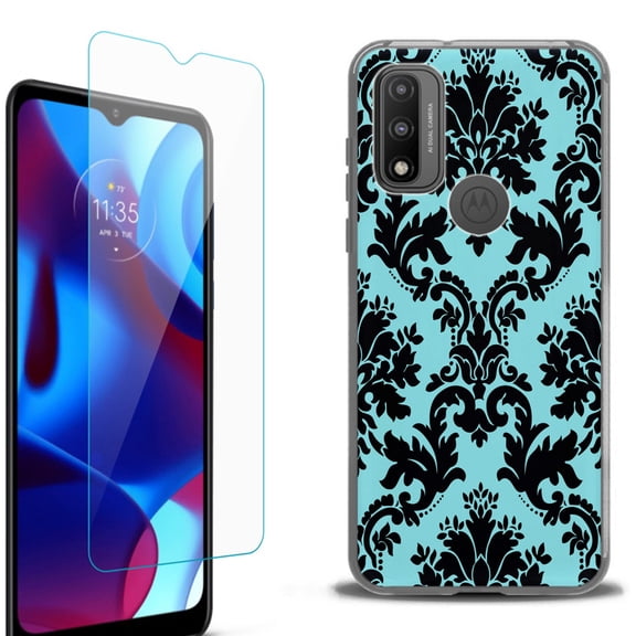 Slim-Fit Protective Phone Case (Black) compatible with Motorola Moto G Pure 5G, with Tempered Glass Screen Protector, by OneToughShield ® - Victorian Blue/Black