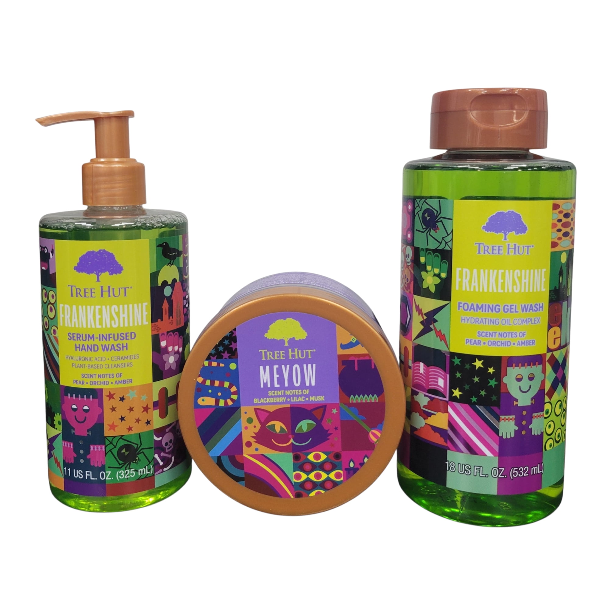 Tree Hut 3 Piece Set, Frankenshine Hand Wash (11 oz), and Foaming Gel Wash (18 oz) with Meyow Whipped Body Butter (8.4 oz)