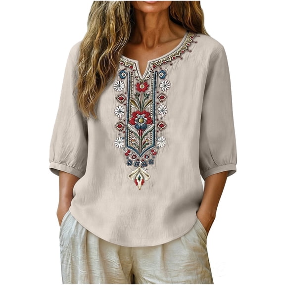 Lmueinov 3/4 Sleeve Tops for Women Boho Plus Size Cotton Linen Tunic Tops with Floral Embroidered Lightweight V-Neck Shirts for Women Fall Blouses