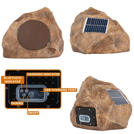 Homewell Outdoor Rock Speaker Solar-Powered Wireless Bluetooth 5.0 Portable Speaker Weatherproof for Patio, Pool, Deck, Yard, Garden and Home (2-Pack, Brown)