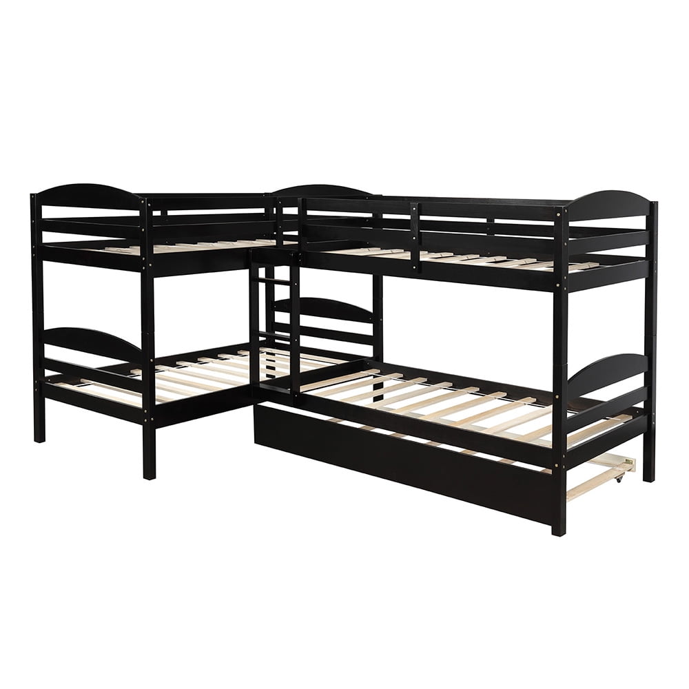 Twin Over Twin Bunk Beds with Trundle, L-Shaped Loft Bed with Guard for Teens Bedroom, Espresso Twin Over Twin Bunk Beds with Trundle, L-Shaped Loft Bed with Guard for Teens Bedroom, Espresso