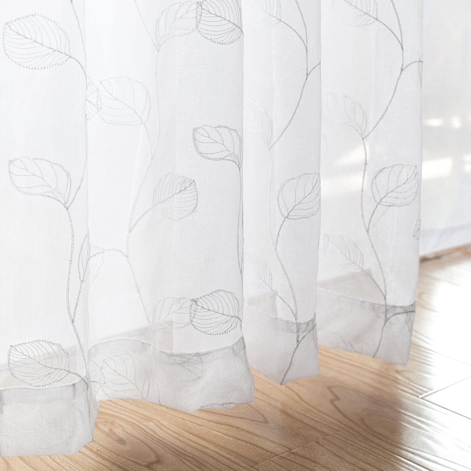 Curtainking White Sheer Curtains for Living Room Embroidered Leaf Window Curtains 84 inch Length light Filtering Drapes Rod Pocket 2 Panels White