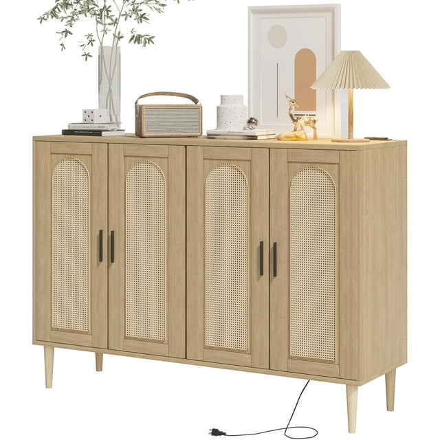 Ourlova Buffet Moderne en Rotin Noir, Armoire Buffet à 4 Portes avec Prise de Courant et Tablettes Ajustables, Rangement Polyvalent
