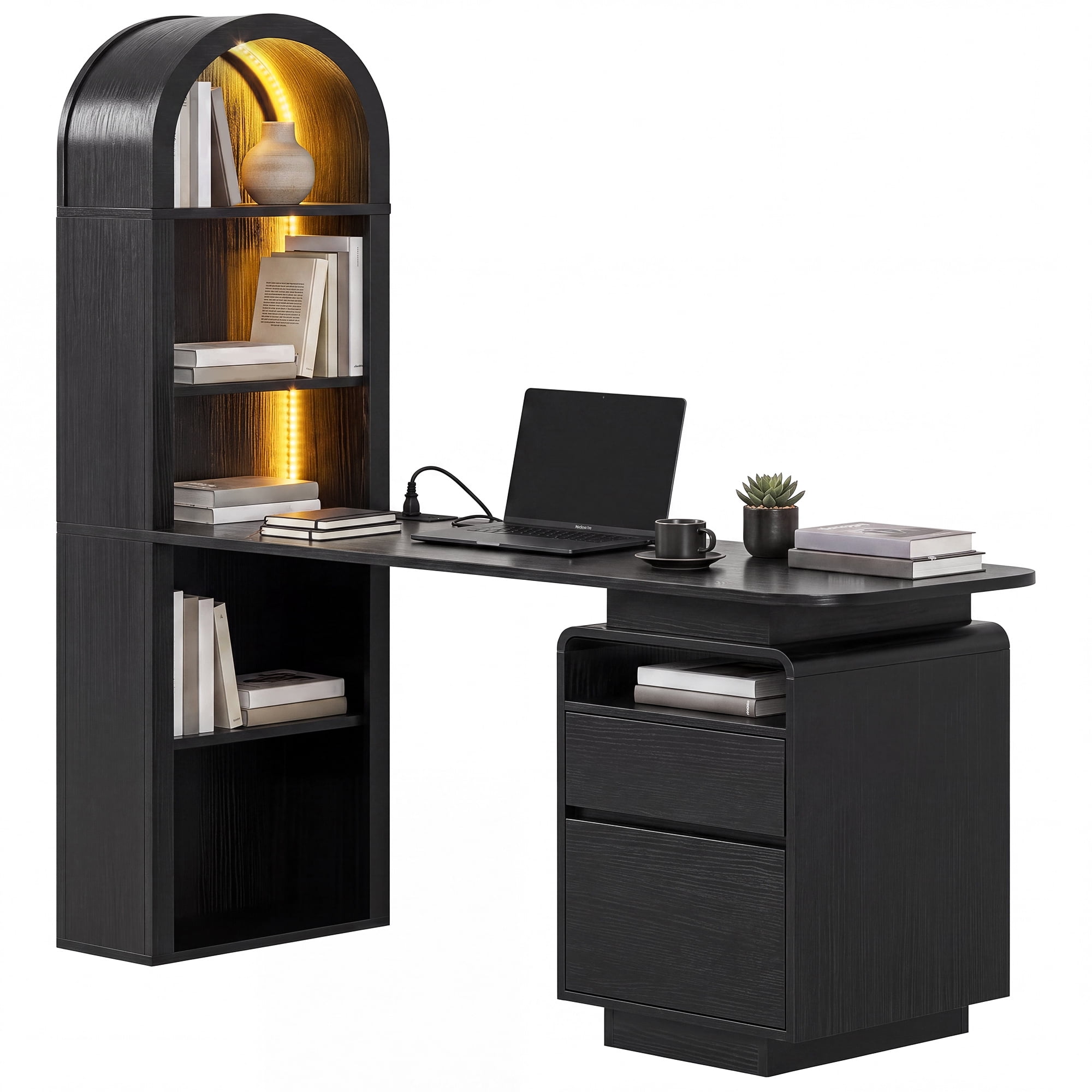 Uforic 59 Inch Modern L-Shaped Computer Desk with RGB LED Light, Built-in Charging Station for Home Office Gaming Study Room, Black