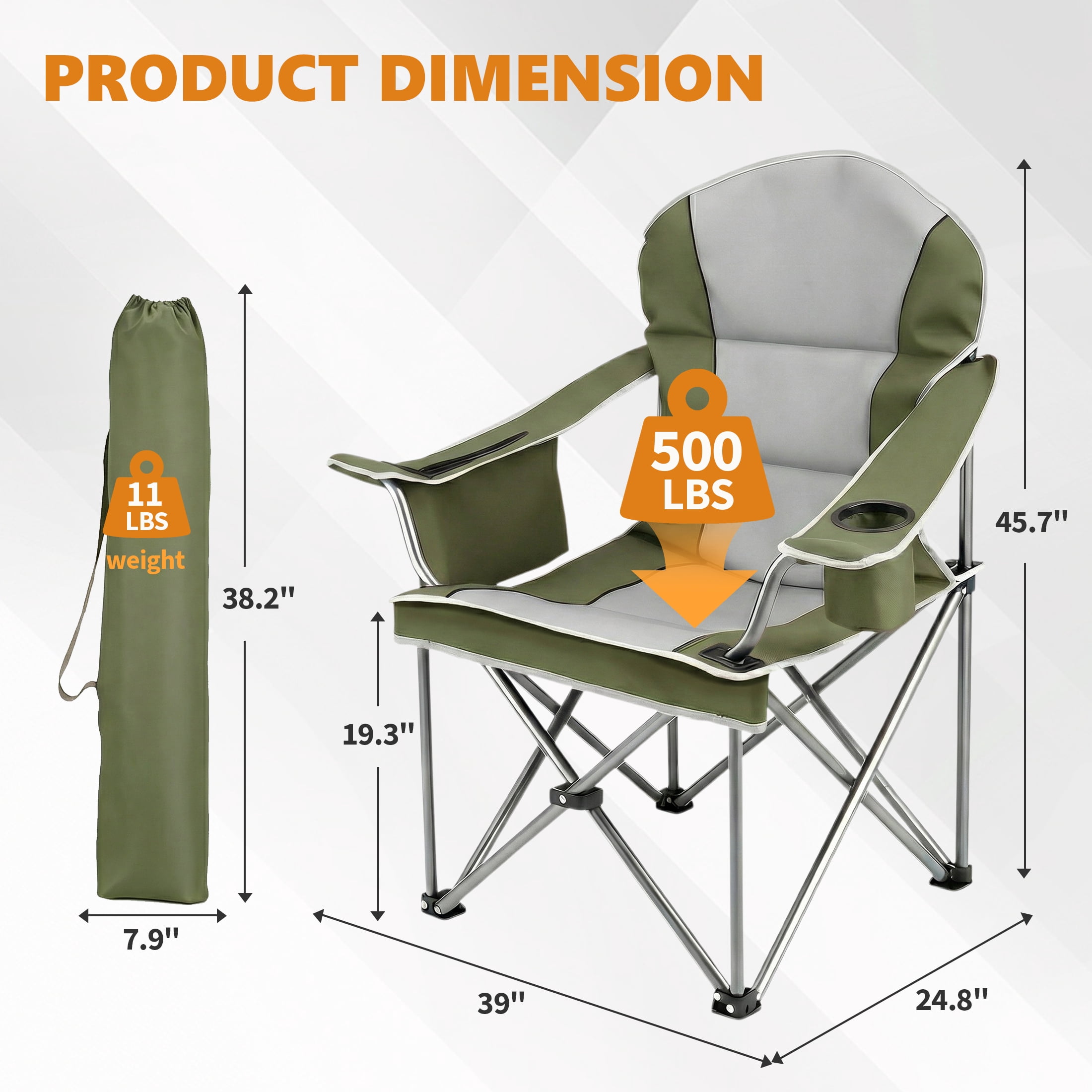 EDX Heavy Duty Camping Chair 500 lb Capacity, Oversized Extra Wide for Adults, Padded High Back Folding Lawn Chair, 500 lbs Steel Frame, Portable Outdoor Camping Chair with Cup Holder, Green