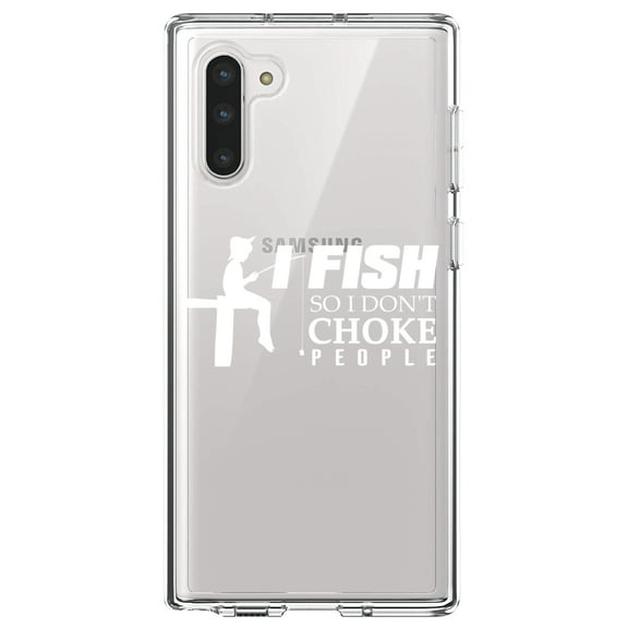 DistinctInk Clear Shockproof Hybrid Case for Samsung Galaxy Note 10 (6.3" Screen) - TPU Bumper Acrylic Back Tempered Glass Screen Protector - I Fish So I Don't Choke People
