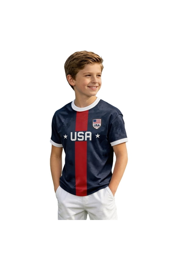 Boys' USA Soccer T-Shirt Kids Crewneck Short Sleeve Stripe Line Patriotic US Flag Shield Graphic Tee Casual Game Day Soccer Fan Gear Tops
