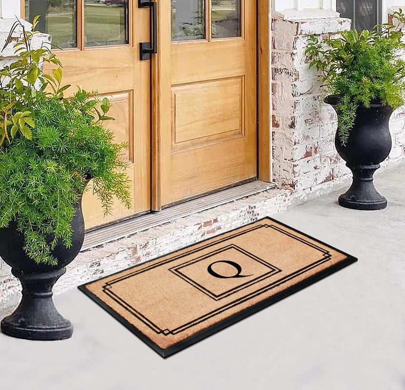 A1 Home Collections Rubber & Coir Mat, Heavy Duty, Extra Large, Front Door Mat 24"X48", Black/Beige Doormat Monogrammed Q