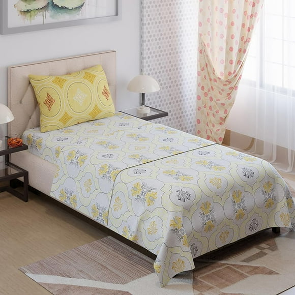 Single Bedsheet With One Pillow Covers Size - 59 X 87 Inches, White & Yellow | Light Weight & Durable Bedsheet Set - Wrinkle Resistant Beautifully Designed Collection