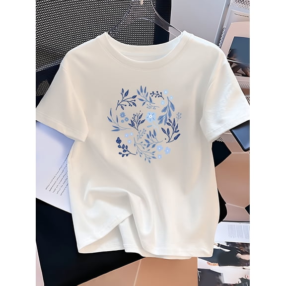 Women's Retro Floral Graphic T-Shirt Cute Blue Botanical Print Short Sleeve Casual Summer Tee Top