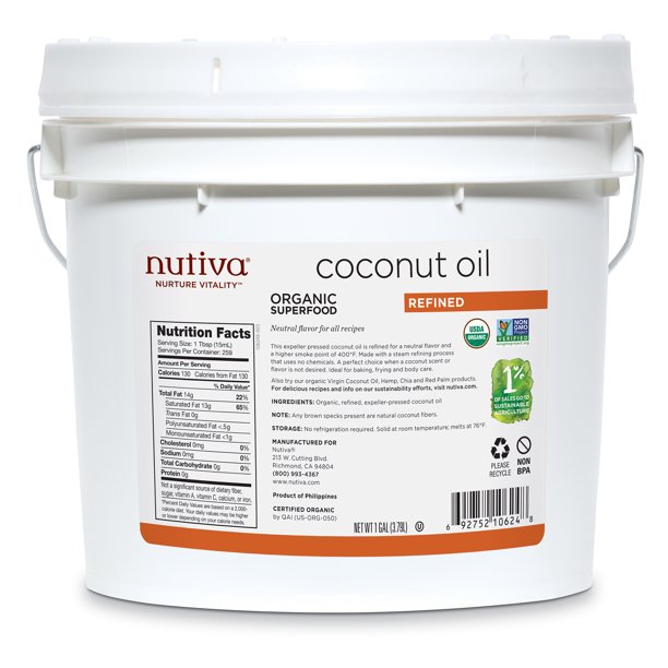 Nutiva Organic, Neutral Tasting, Steam Refined Coconut Oil, 1gallon