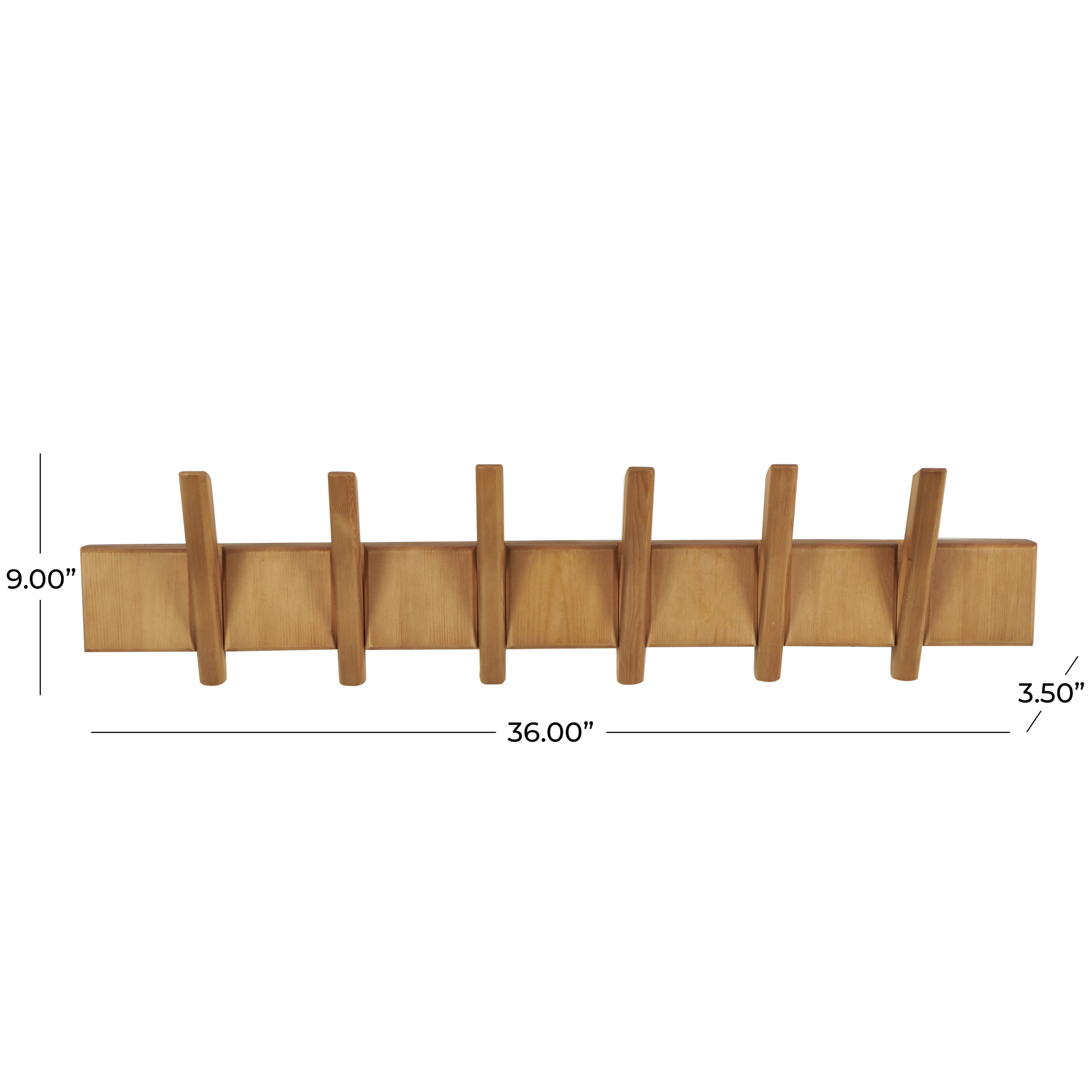 DecMode 36" x 9" Brown Wood Minimalistic 6 Hanger Wall Hook, 1-Piece