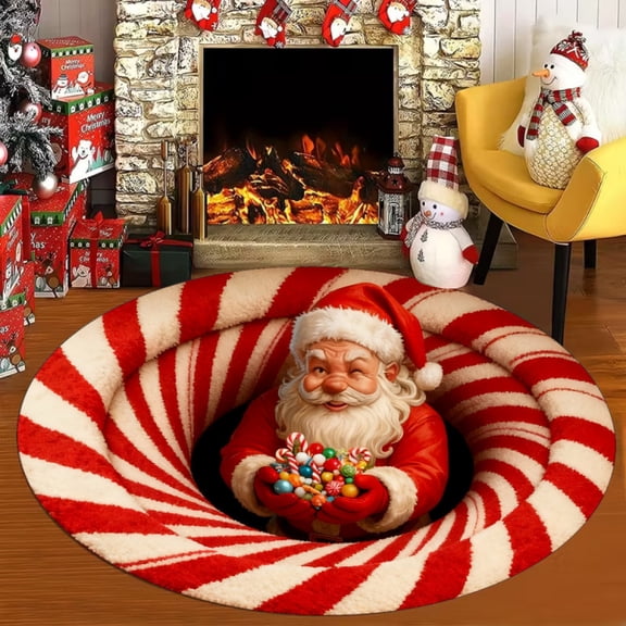 3D Christmas Round Rug, Optical Illusion Christmas Rug Door Mats, Custom Santa Claus 3D Effect Design Floor Mat for Living Room & Bedroom Christmas Decor