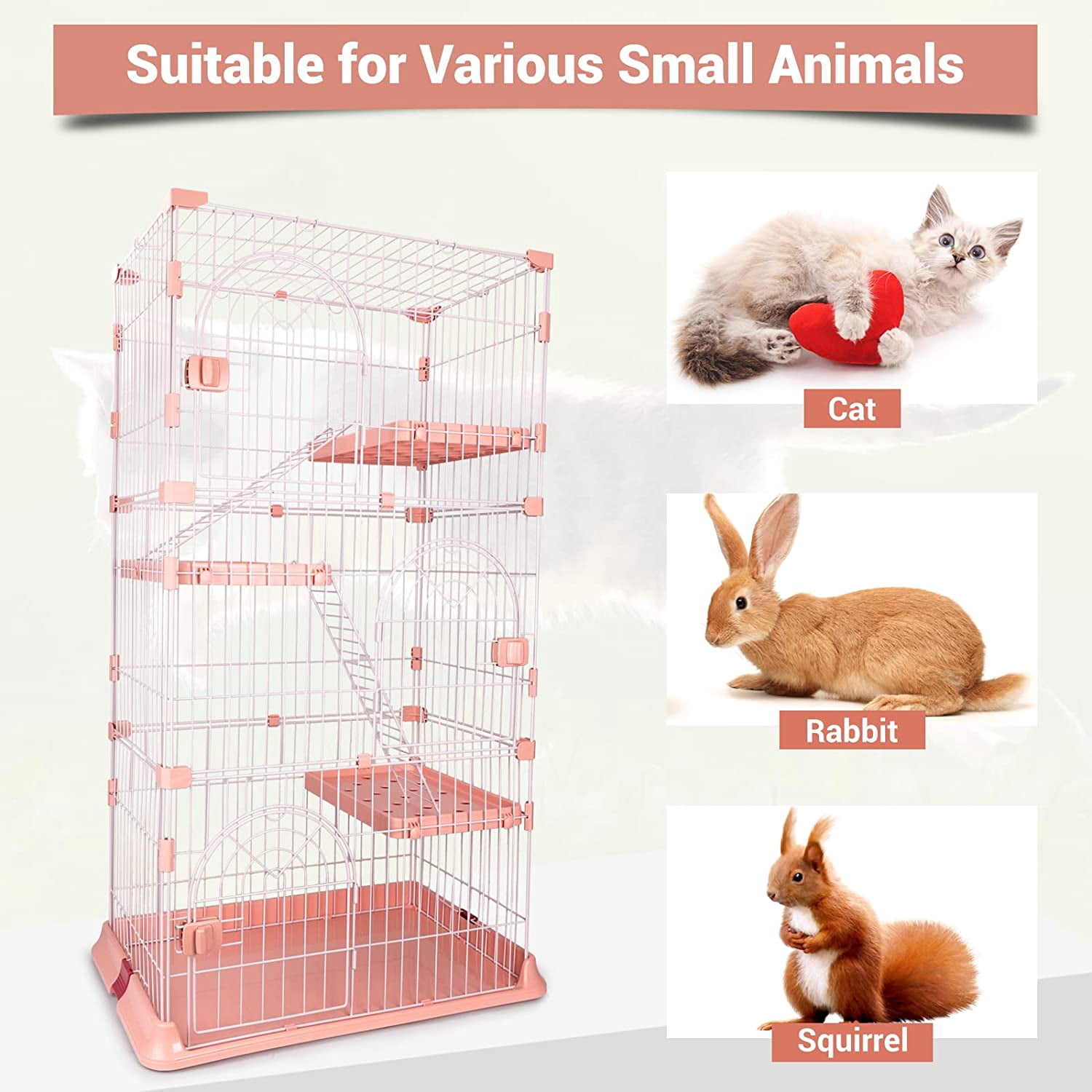 4-Tier Wire Cat Cage Playpen Kennel, 64 Inch Cat Catios Large Space for 1-3 Cats, Pink Cat Crate with 3 Platforms 3 Front Doors 2 Ramp Ladders
