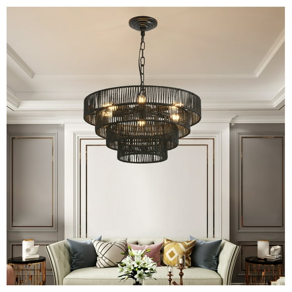 20" Rustic 4-Tier Black Hemp Rope Pendant Light Chandelier with 6 E12 Sockets, Handmade Tiered Boho Ceiling Light Fixture for Dining Room, Kitchen, or Foyer (Bulb Not Included)
