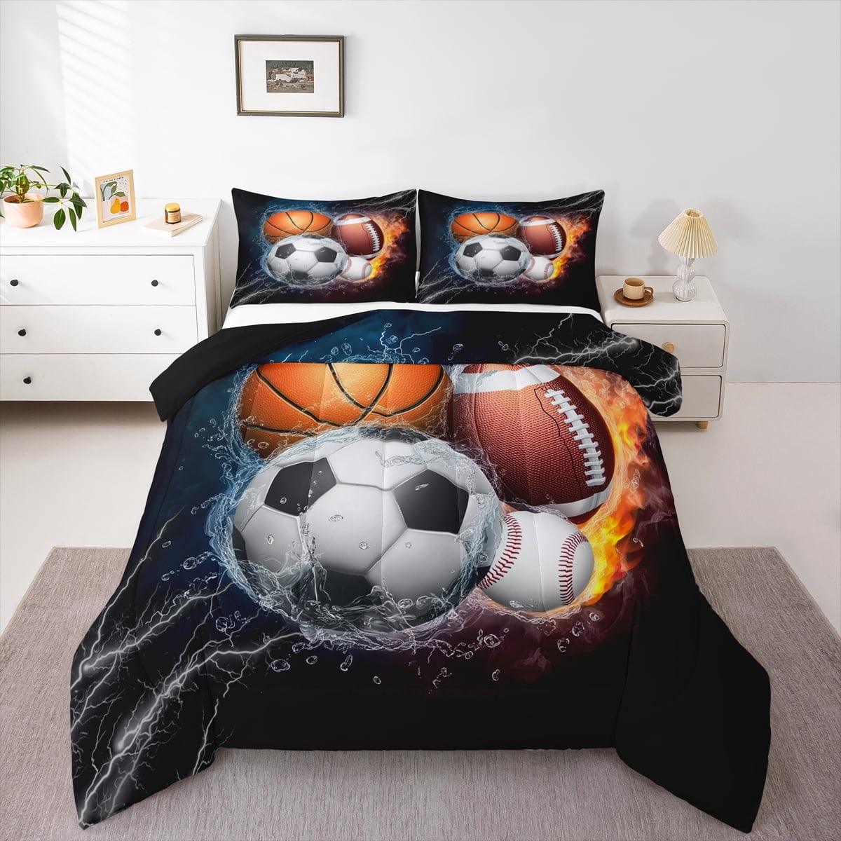 Soccer Bedding Football Comforter Baseball Bedding Sets Full for Boys Basketball Comforter Set for Kids Teens Sport Duvet Insert Sport Ball Gaming Quilt Set 3pcs with 2 Pillowcase Lightweight