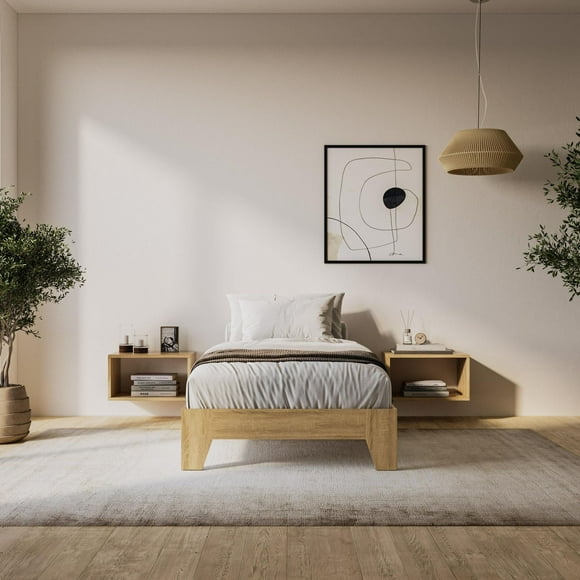 CorLiving Aiko Engineered Wood Mid Century Platform Bed Frame with Slats, No Box Spring Required