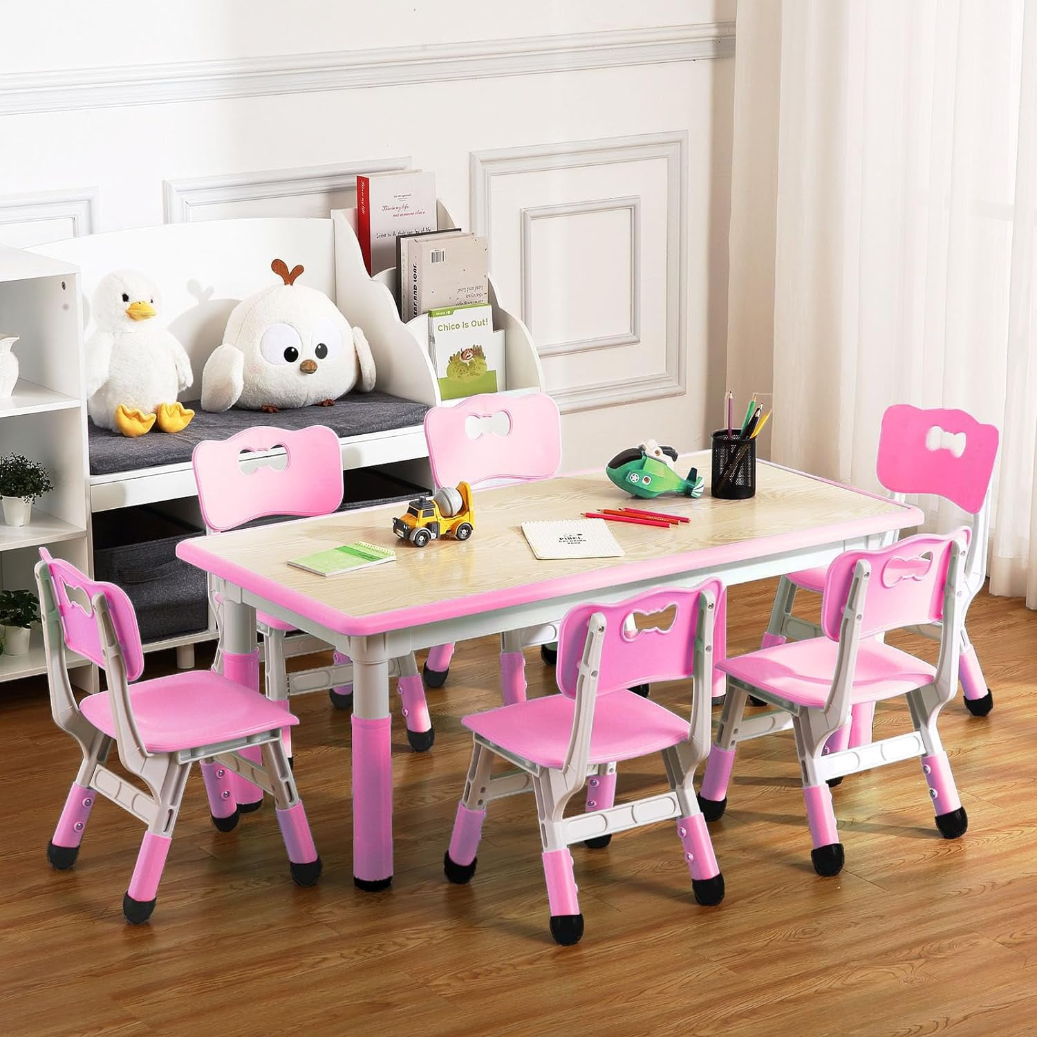 Kojooin Kids Table and Chair Set,Height Adjustable Toddler Arts & Crafts Table and 6 Chair Set for Ages 2-10,Pink