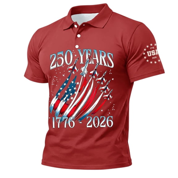 Zimjoy 250 Anniversary Men's Polo Shirts USA Flag Short Sleeve 4th of July Shirts Henley Neck Patriotic Independence Day T-Shirt, Red L