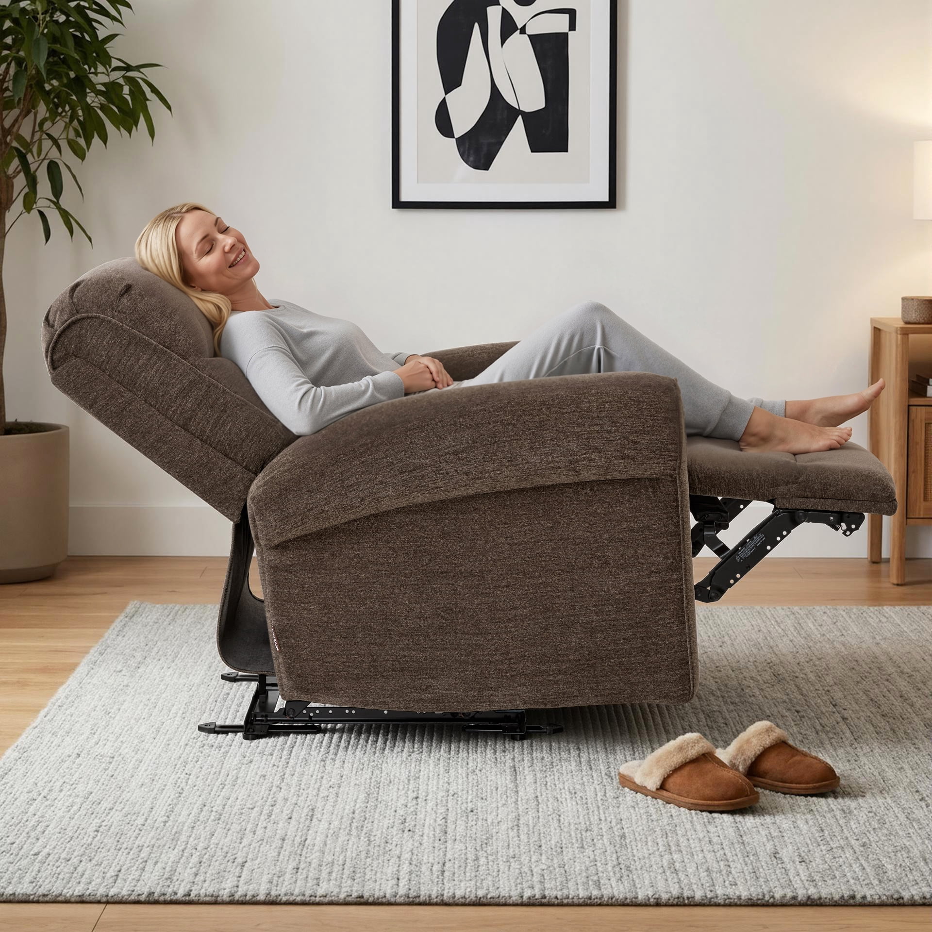 MCombo Small Wall Hugger Power Recliner Chair for Small Space RV Living Room, , Modern Roll Arm Recliner, Fabric, Dark Brown