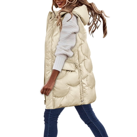 Mid Long Puffer Vest for Women Sleeveless Hooded Zip Up Padded Gilet Solid Jacket with Pockets Beige 2XL