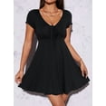 thumbnail image 2 of Women'S Short Sleeves Drawstring Front Ruched Short Dress V Neck A Line Tshirt Dresses Black S, 2 of 9