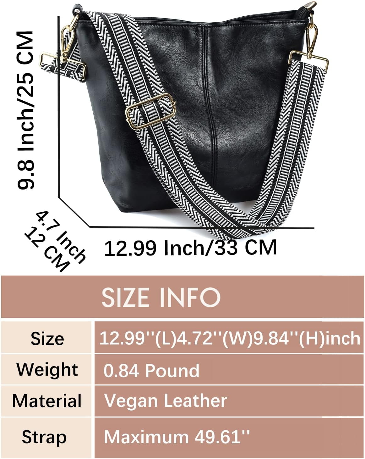 Kwuty Hobo Bags Vegan Leather Crossbody Bag Guitar Strap Shoulder Purses with Zipper Handbags for Women（Black）