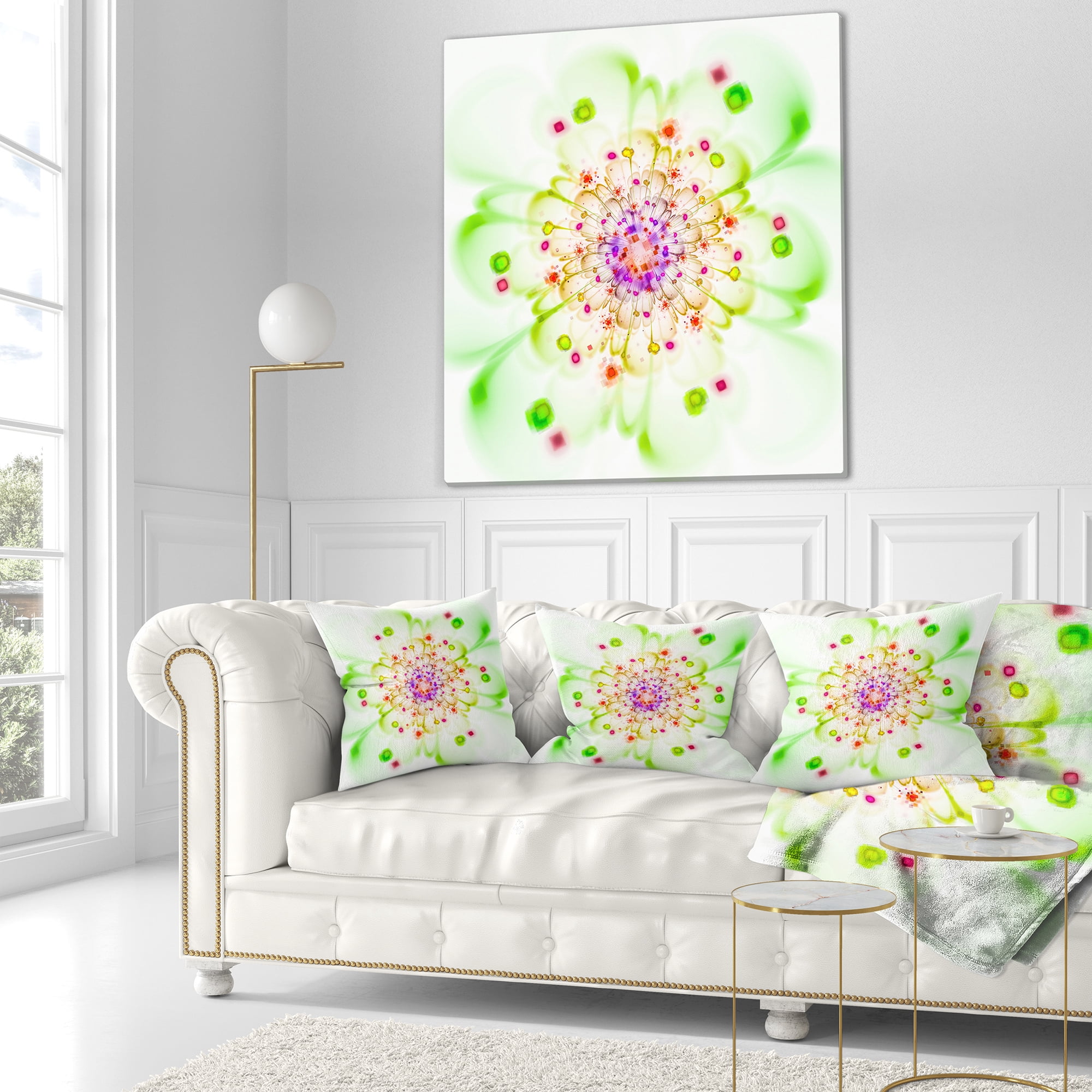 Designart Perfect Glowing Fractal Flower in Green - Floral Throw Pillow - 18x18