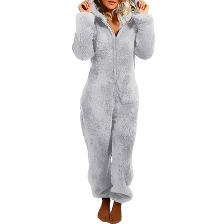 

Careslong Jumpsuit Pajamas Women Super Warm Thick Fleece Ladies Hooded Jumpsuit with Zipper One-Piece Pajamas for Sleepwear Loungewear Pajamas Party Cute Bear Ear Shape Hood 4 Solid Colors fashion