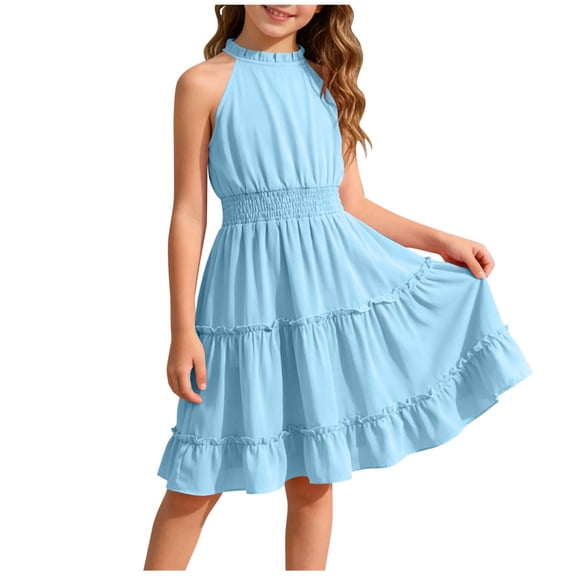 OGLCCG Girls Halter Neck Sleeveless Dress Casual Smocked High Waist Ruffle Layered Midi Dress Flowy Summer Dress for Teens 5-14 Years
