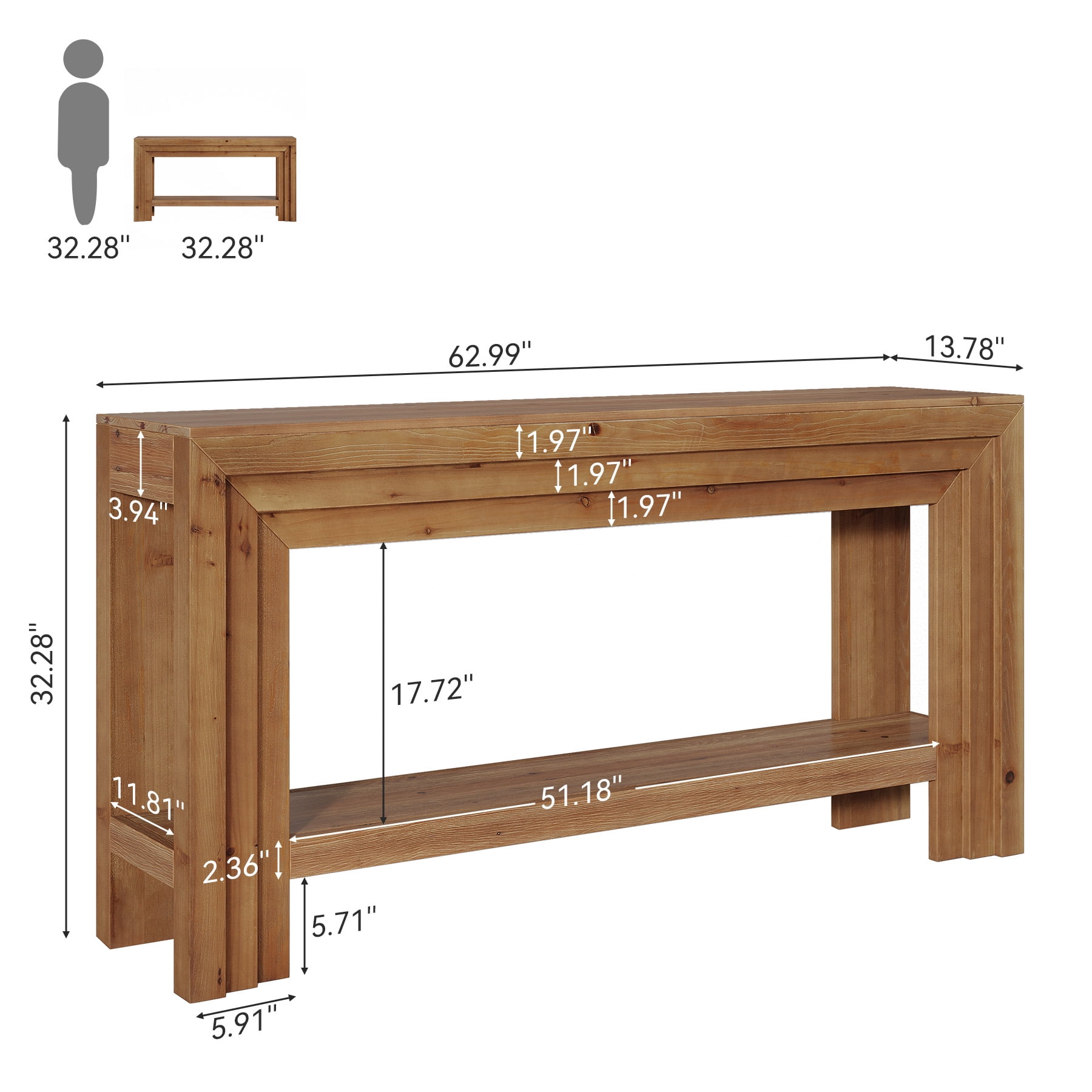 Tribesigns 63-Inch Solid Wood Console Table, Farmhouse Entryway Table with Dimensional Linear Frame for Entrance, Hallway, Living Room, Brown