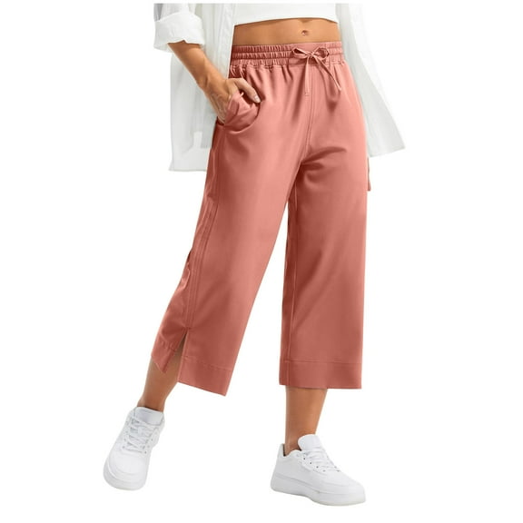 BUIGTTKLOP Capri Pants for Women Drawstring High Waisted Cropped Lounge Pants Straight Wide Leg Capris