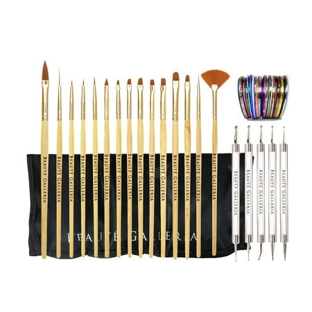 Beaute Galleria Bundle 50 Pieces Nail Art Tool Kit with Pouch – 5 Pieces Dotting Tool Marbleizing Pen (10 Sizes), 15 Pieces Acrylic Gel Detailing Painting Brushes Liners, 30 Pieces Striping (Best Gel Liner Brush)