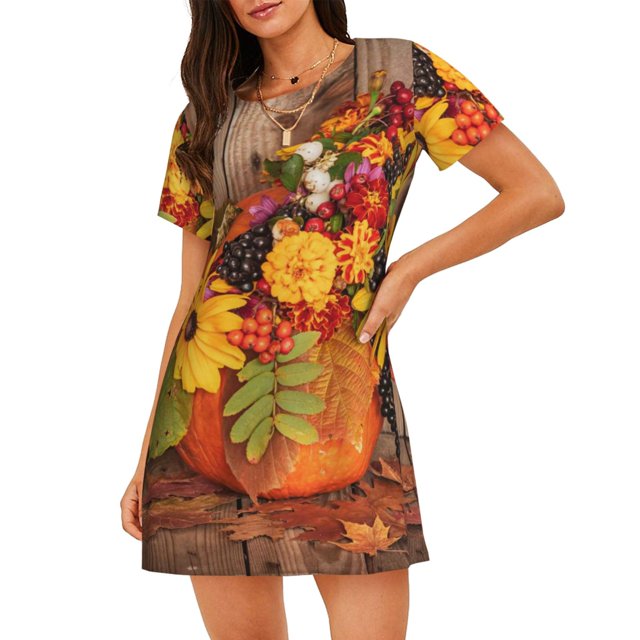 Easygdp Autumn Bouquet Pumpkin For Thanksgiving Camisón de manga corta para mujer, informal, estampado