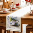 thumbnail image 5 of Spring Blue Flowers Cotton Linen Table Runner for Dining Kitchen, Retro Tea Cup Phrases Country Wedding Outdoor Party Tablerunners Decoration, Dresser Scarf Coffee Tablecloth Runners 13x70 Inches, 5 of 9