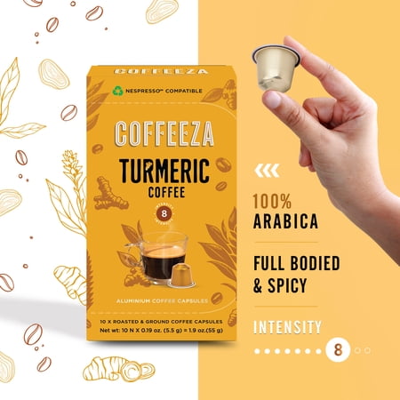 COFFEEZA TURMERIC COFFEE PODS, NESPRESSO COMPATIBLE, 10 CAPSULES