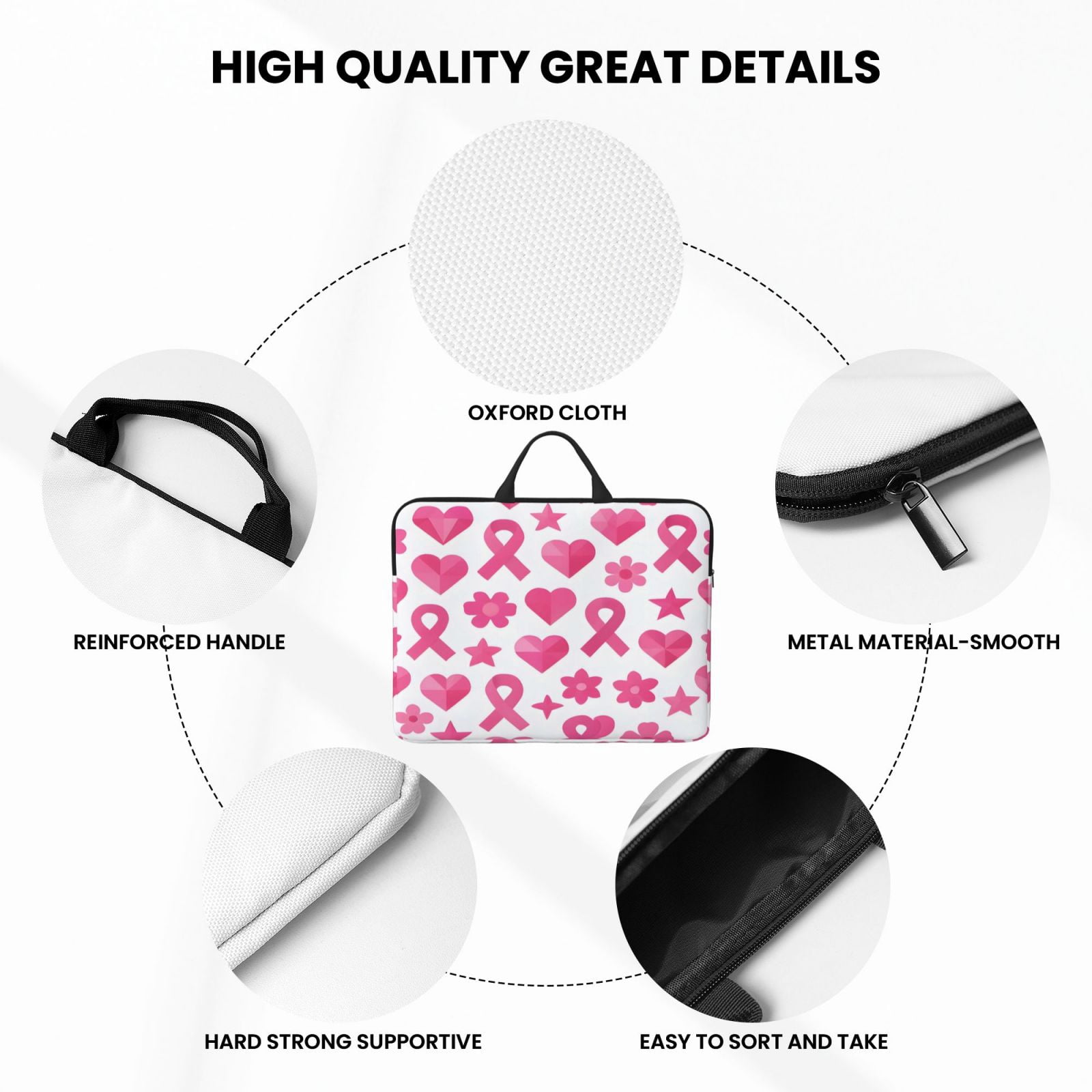 Laptop Sleeve Bag For Women Men 14inch Waterproof Durable Protective Computer Carrying Cover Handle Laptop Case Bag Modern Pink Ribbon Pattern With Geometric Elements