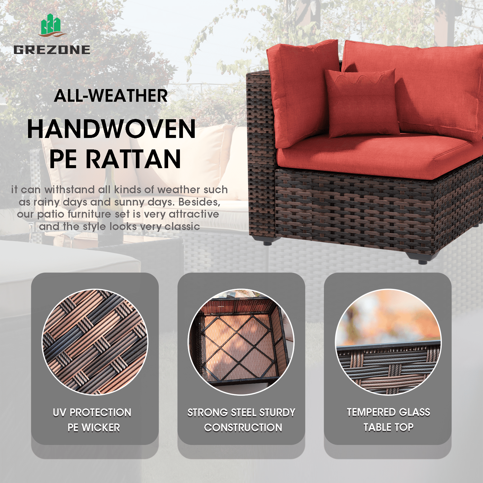 Grezone 10 Piece Patio Furniture Set with Fire Pit Table, All Weather Outdoor Sectional PE Rattan, Patio Conversation Sets with Cushions and Glass Coffee Table for Garden Lawn Balcony